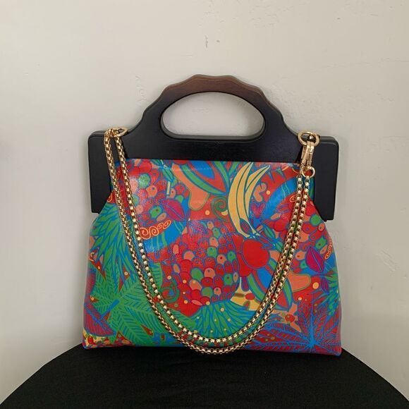 Genuine Leather Fruit Printed Gradient Color Wood Handle bag & 2 Chain Styles - Picture 7 of 16